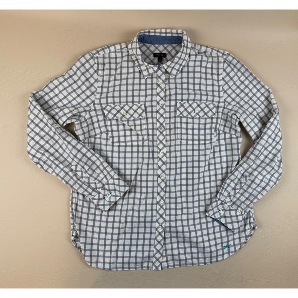 Coastal Plaid Button Down Metallic Sparkle Shirt Size L Talbots